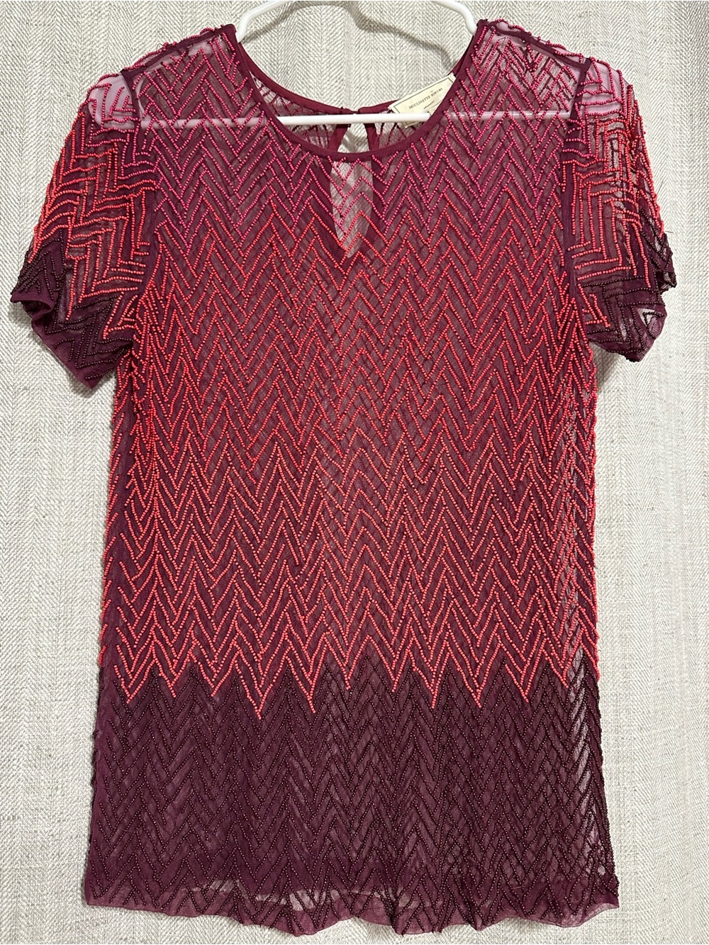 Women’s Burgundy & Pink Beaded Short Sleeve Top - Anthropologie